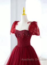 Wine Red Tulle Beaded Long Evening Prom Dresses, A-Line Sweetheart Formal Evening Dresses